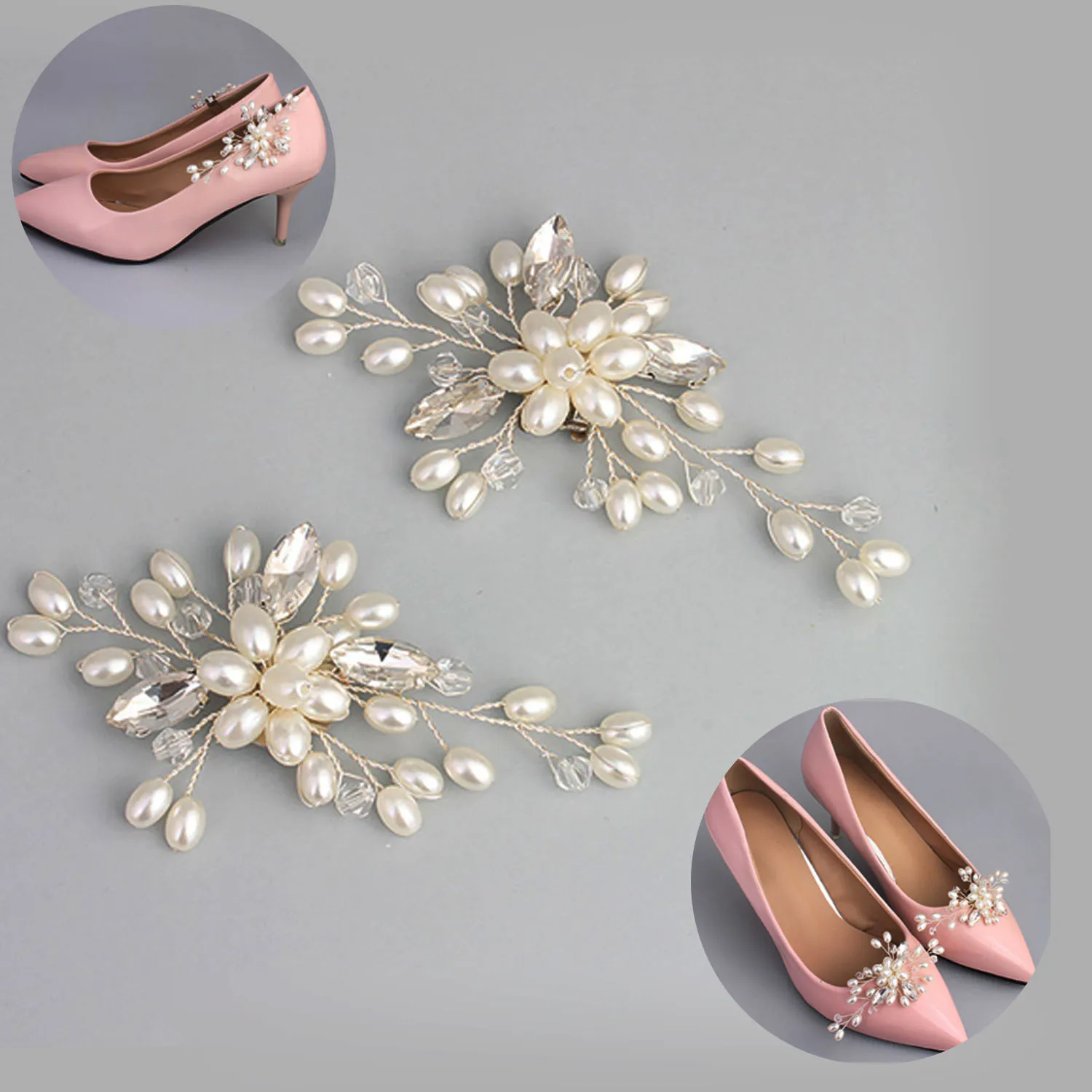 

6 Pieces Pearl Rhinestone Shoe Clip Charm Shoe Flower Bride Decoration Shoe Buckle Women's High-end High-heeled Shoe Accessories