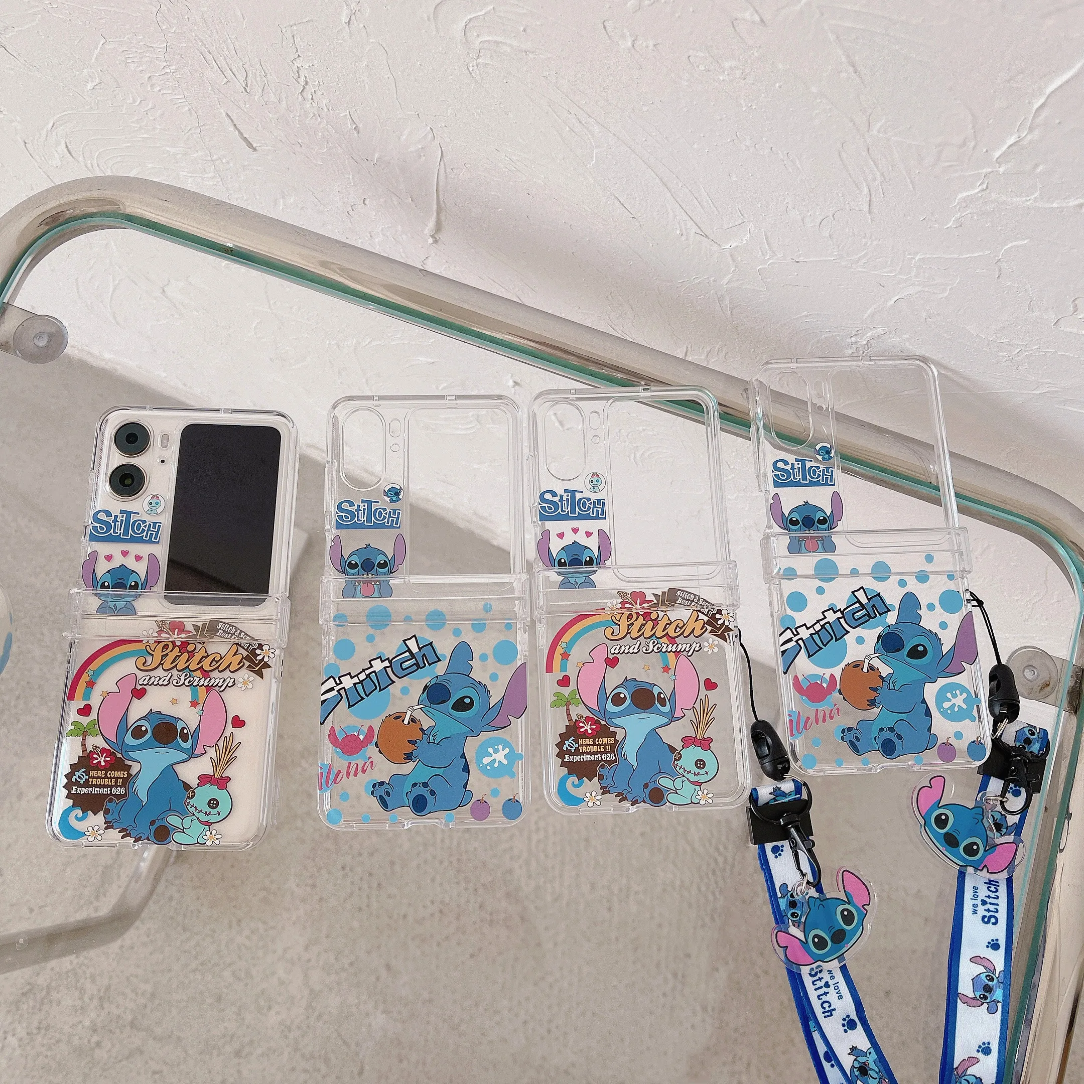 

Disney Stitch Vacation With Hand Strap Phone Case For OPPO Find N2 Flip Transparent Shockproof Cover