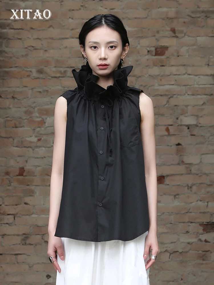 

Женская рубашка без рукавов XITAO, свободная Однотонная рубашка со складками и воротником-стойкой, модель WLD11387