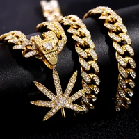 men hip hop cuban link chain necklace bling crystal maple leaf pendant stainless steel zircon chain necklace fashion jewelry