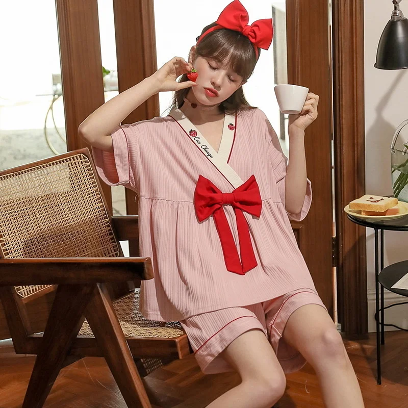 2022 New Style Pajamas Women's Kimono Short Sleeved Shorts Summer Pure Cotton Simple Sweet Lovely Home Clothes