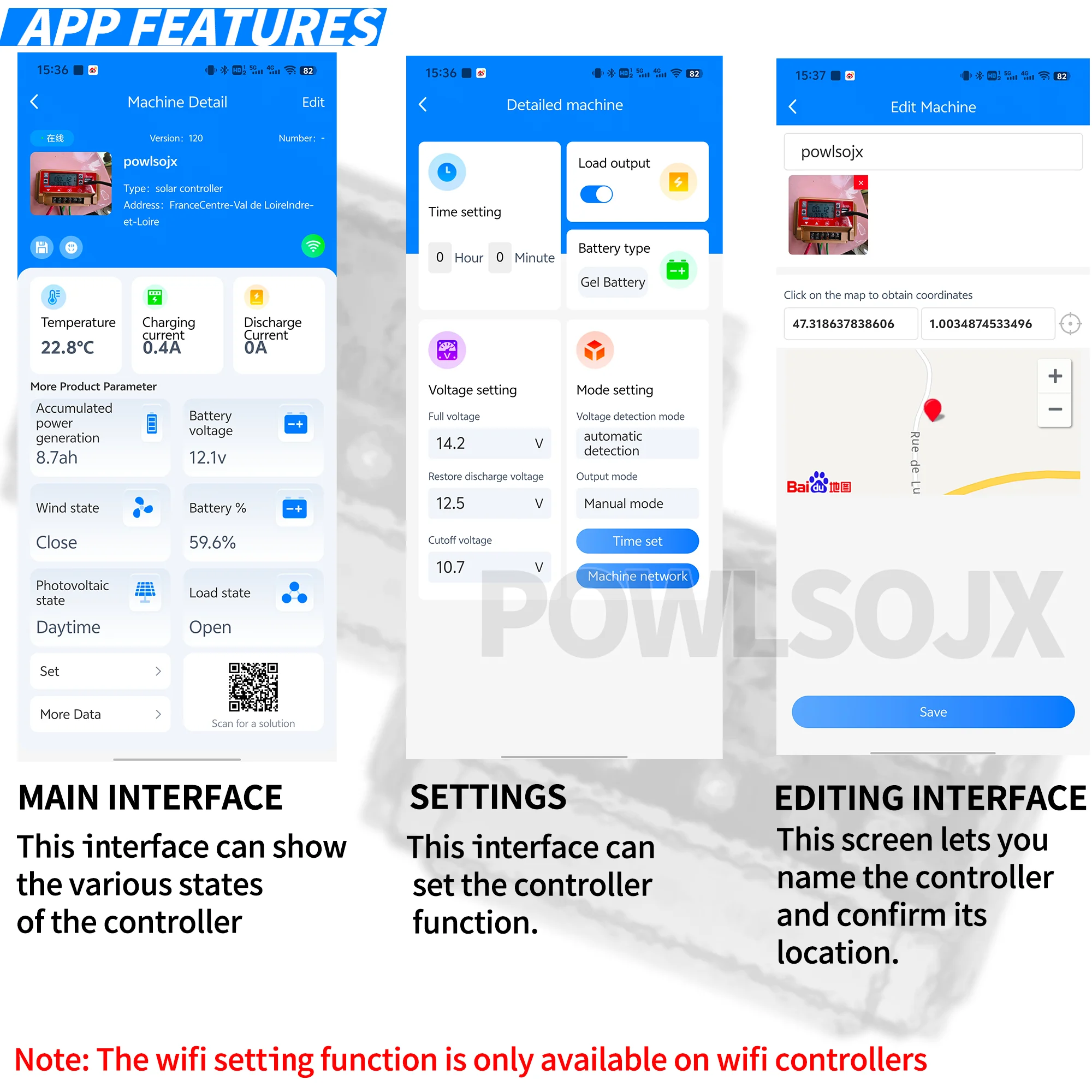 Солнечный контроллер POWLSOJX Bluetooth/WiFi с ЖК-дисплеем двойной USB-выход зарядка MPPT для