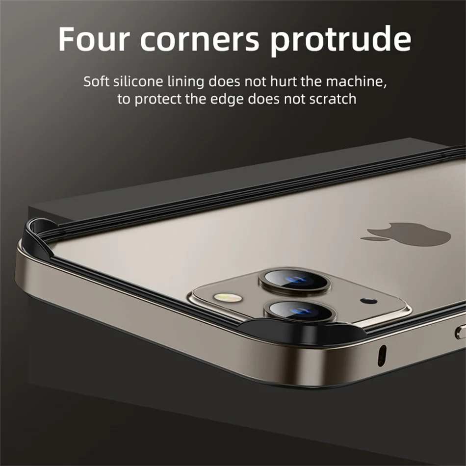 Фото Для iPhone 16, 15, 14, Plus, 13, 12, 11 Pro Max, чехол титанового цвета, мягкий силиконовый противоударный бампер, роскошная алюминиевая рамка Meatl с изображением Hybird №2