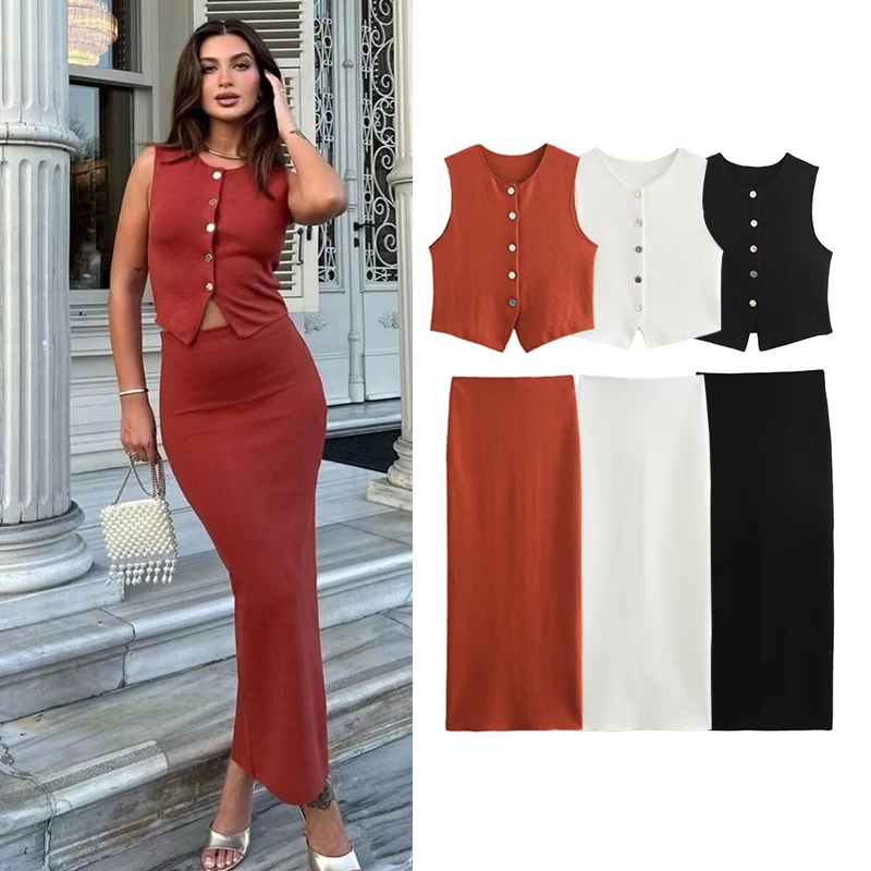 Осенний элегантный женский трикотажный комплект TRAF повседневный стиль