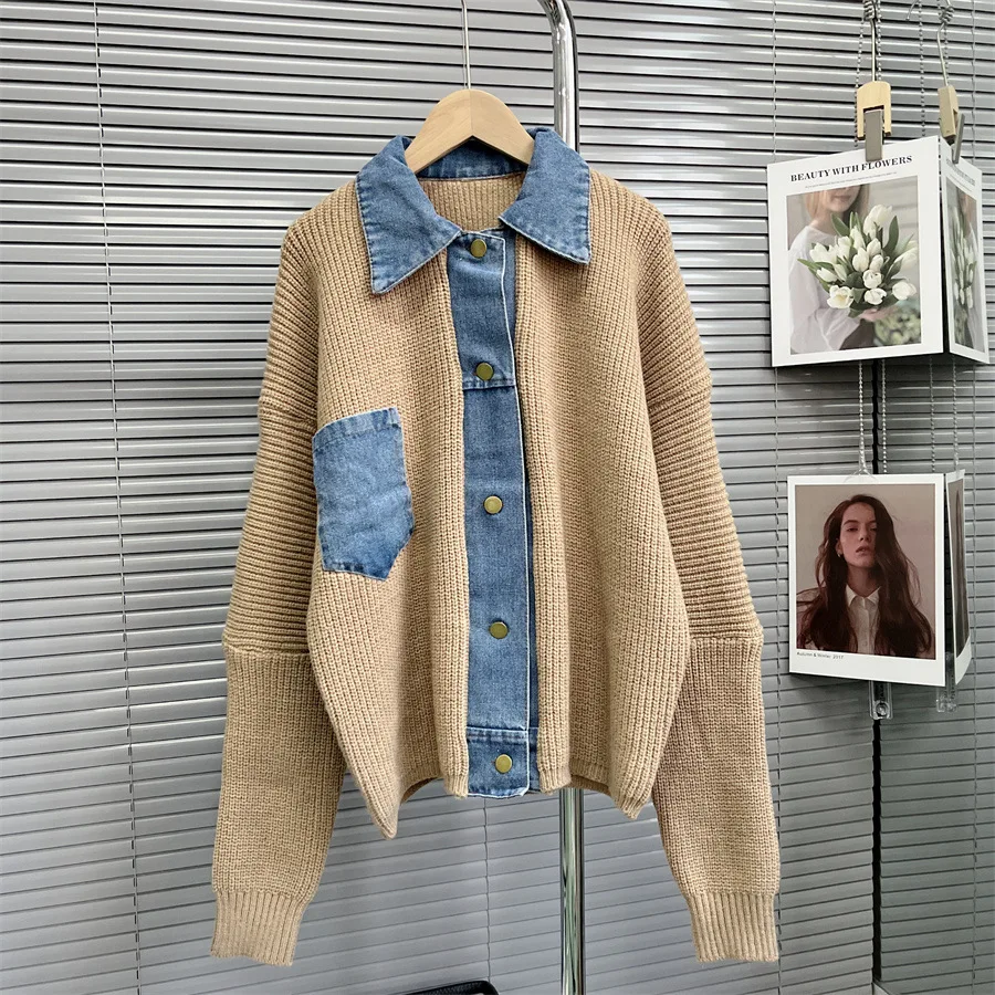 

SuperAen Autumn Winter New Fashion Casual Design Long Sleeve Denim Splicing Knitted Cardigan Women 2022 Sweater Tops