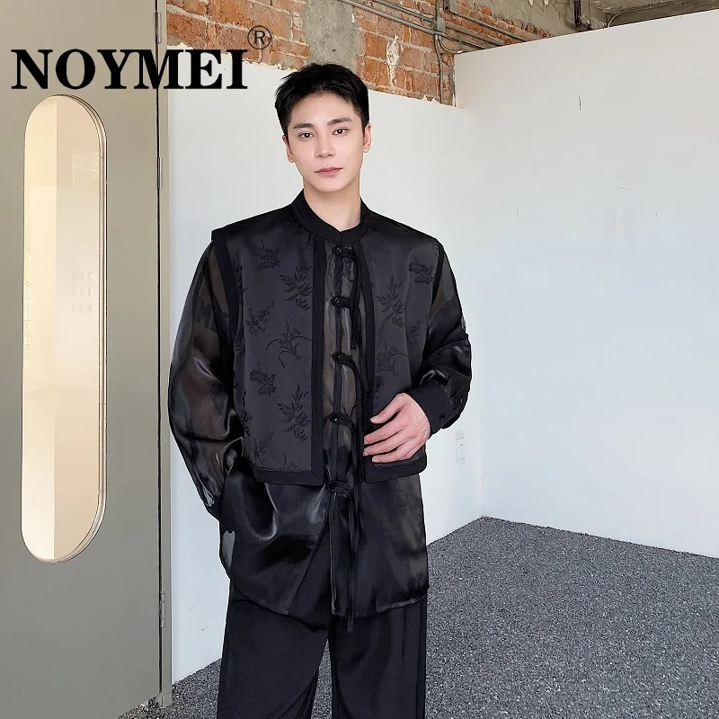 

NOYMEI Chinese Style Stand Collar Brocade Jacquard Vest Ultrathin Organza Men's Shirt False Two Pieces Male Top Summer WA1673