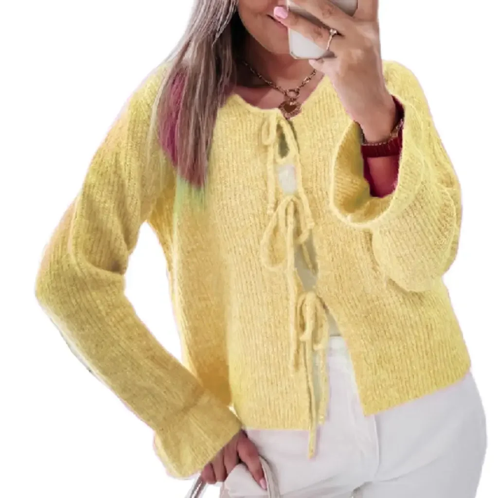 Combhasaki женский Y2K винтажный однотонный кардиган с бантом спереди и завязками