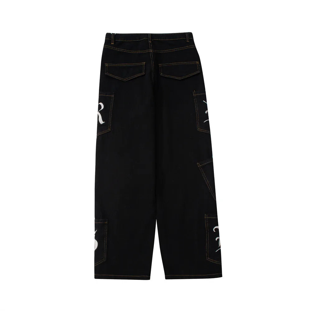 Sanskrit embroidered letters multi-pocket washed jeans men's street INS tide brand loose straight trousers wide-leg pants