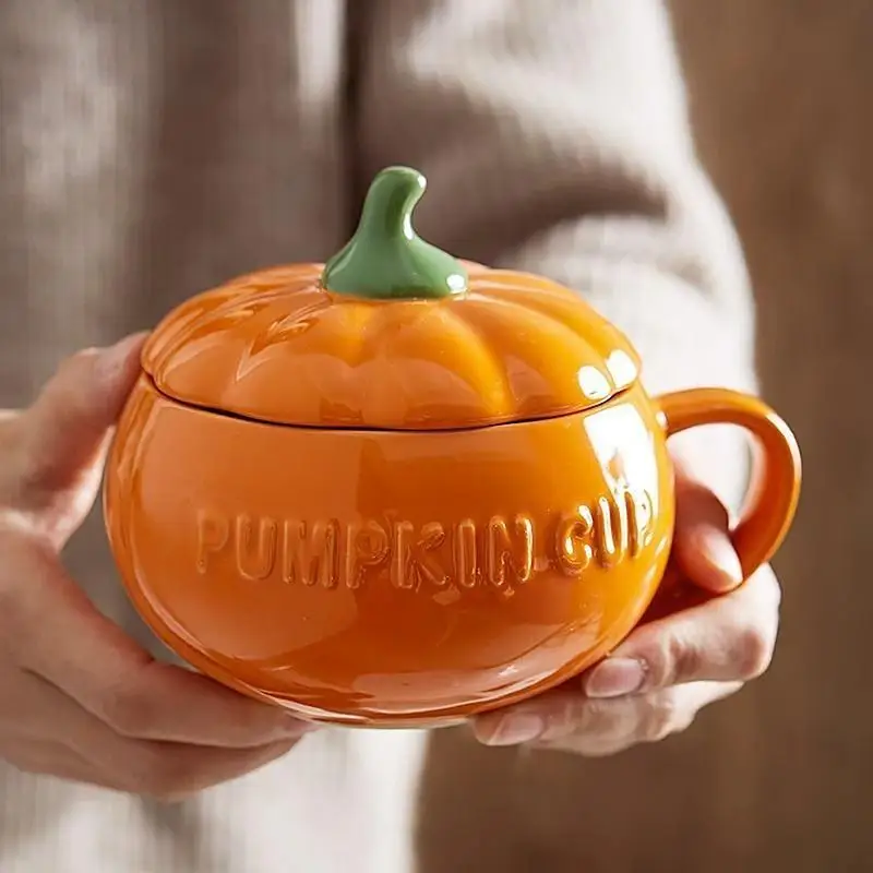 

Halloween ceramic pumpkin cup with Lid and spoon Halloween Mug for Fall Decor Cappuccino Latte Cereal Yogurt Halloween Gifts