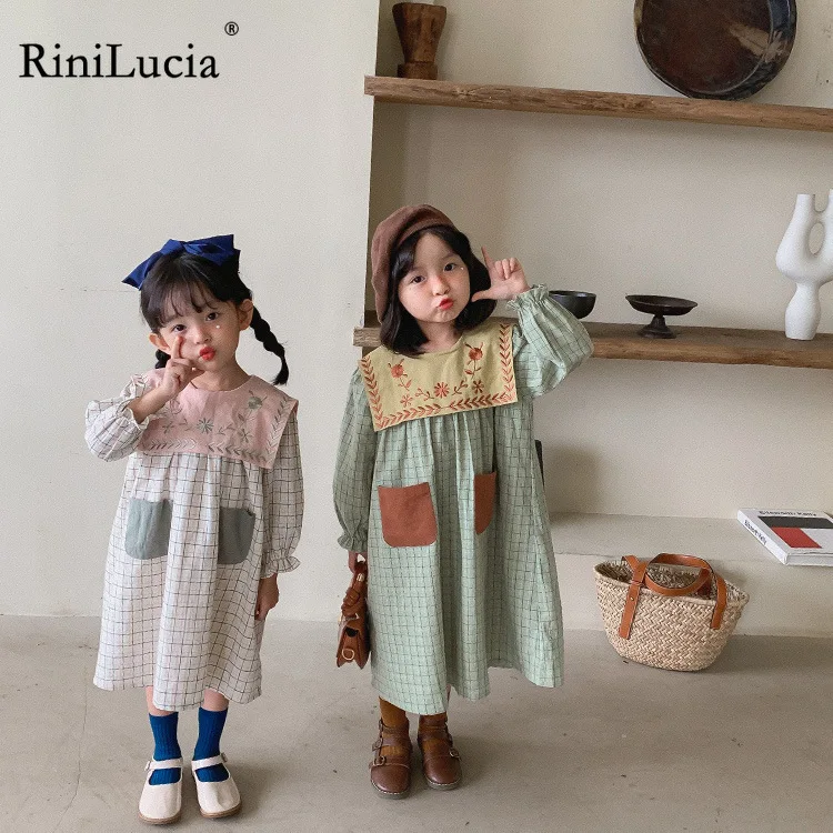 

RiniLucia Summer Toddler Girl Dress Solid Cotton Long Sleeve Children Dress Kids Sundress Cute Dress Fashion Girls Clothing