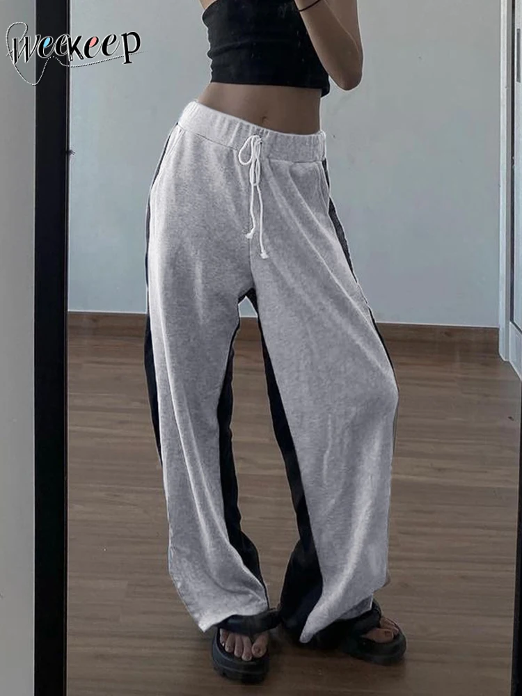 

Weekeep Casual Wide Leg Sweatpants Baggy Elastic Low Rise Track Pants Chic Stitching Women Basic Streetwear Grey Cargo Pants y2k
