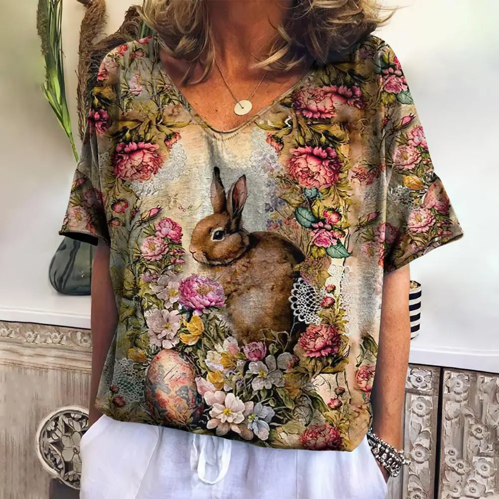 Женская Винтажная футболка с коротким рукавом и V-образным вырезом