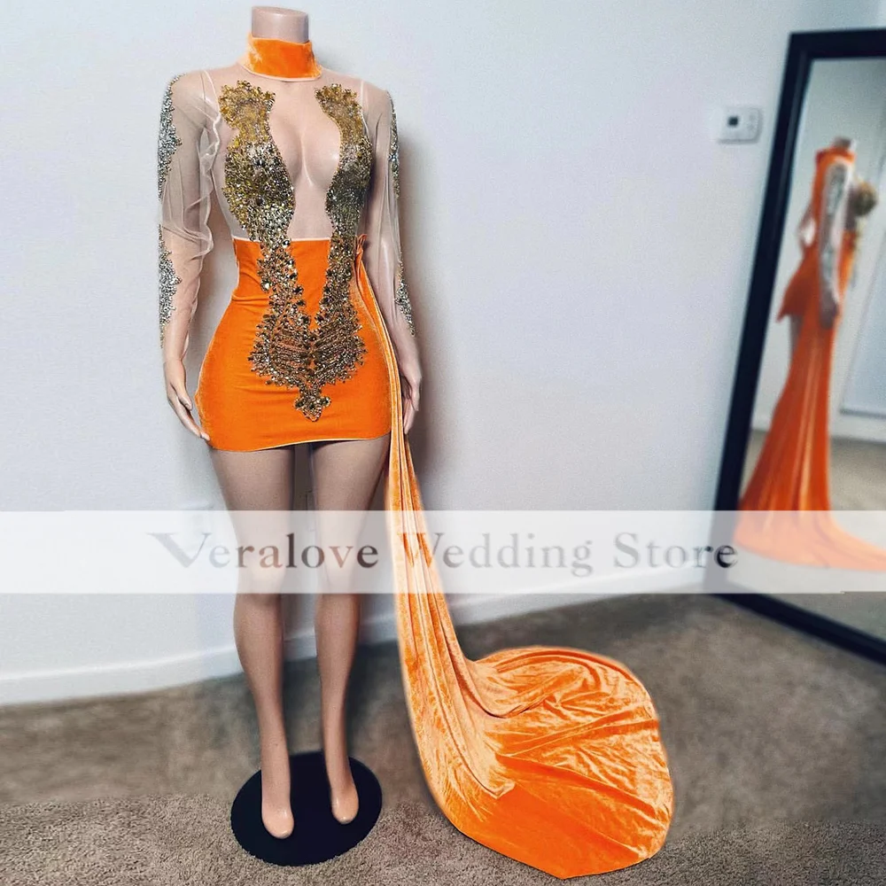 

Оранжевое короткое платье для выпускного вечера, сексуальное Клубное платье с высоким воротником для вечеринки на день рождения, коктейльн...