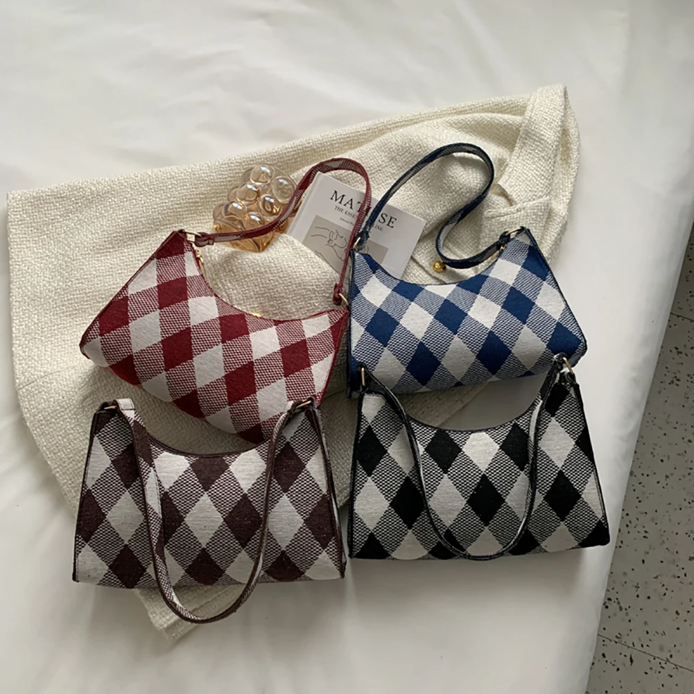 

Модные сумки для женщин, плетеная тканевая сумка-шоппер на плечо с узором в клетку, женская сумка на молнии с полумесяцем, роскошные брендов...