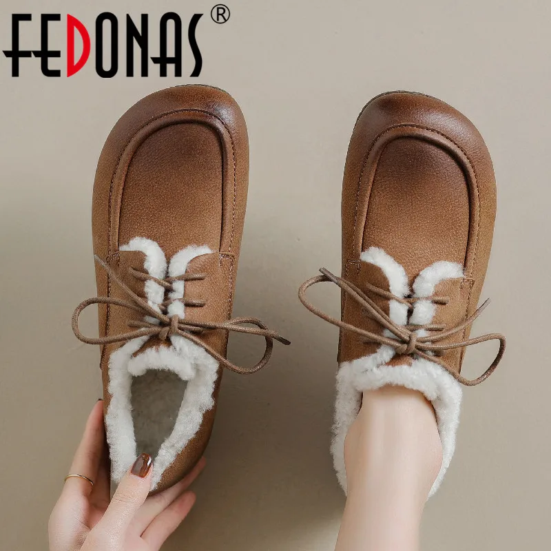 

FEDONAS 2023 Winter New Arrival Women Flats Soft Casual Comfortable Working Retro Genuine Leather Warm Wool Loafers Shoes Woman