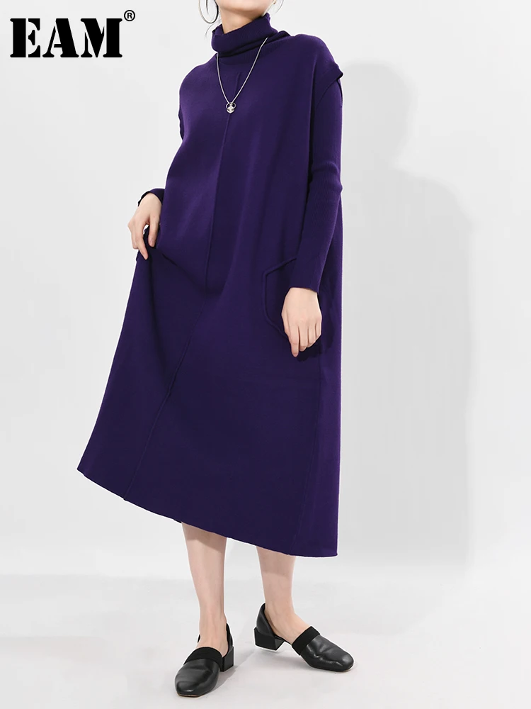 

[EAM] Women Purple Knitting Big Size Casual Dress New Turtleneck Long Sleeve Loose Fit Fashion Tide Spring Autumn 2023 1DD382314