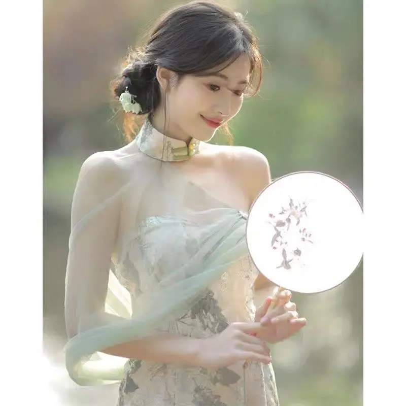 

Французское маленькое платье-Ципао с открытыми плечами на бретельках, улучшенное длинное платье, летняя стильная юбка