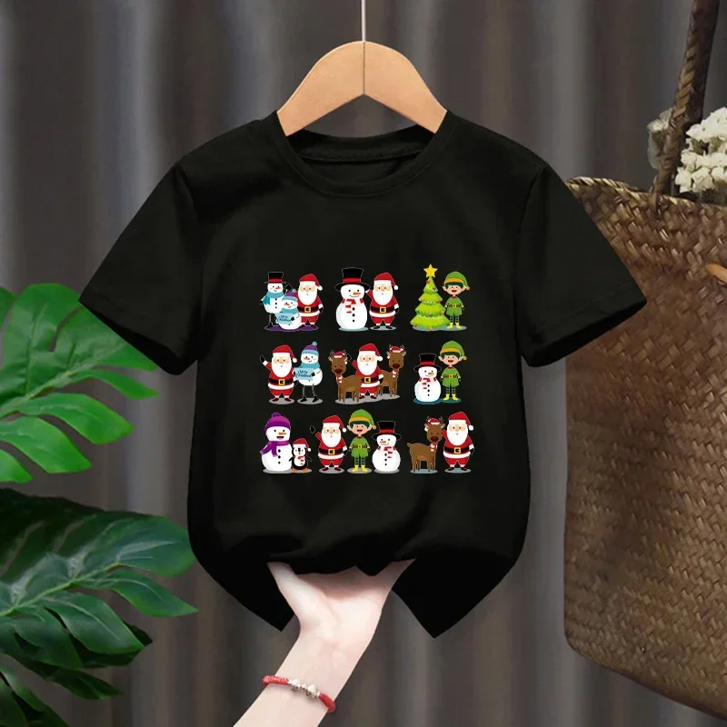 Christmas Santa Elk Short-sleeved Children's Round Neck T-shirt Casual Cartoon Red Men's and Women's Tops Harajuku