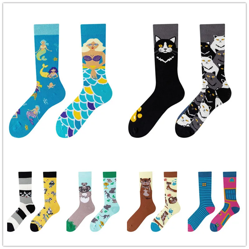 1 Pair Couple Sexy Socks Spring High-quality Men Women British Style Design Cat Mermaid Wine Novelty Literary Cotton Middle Sock