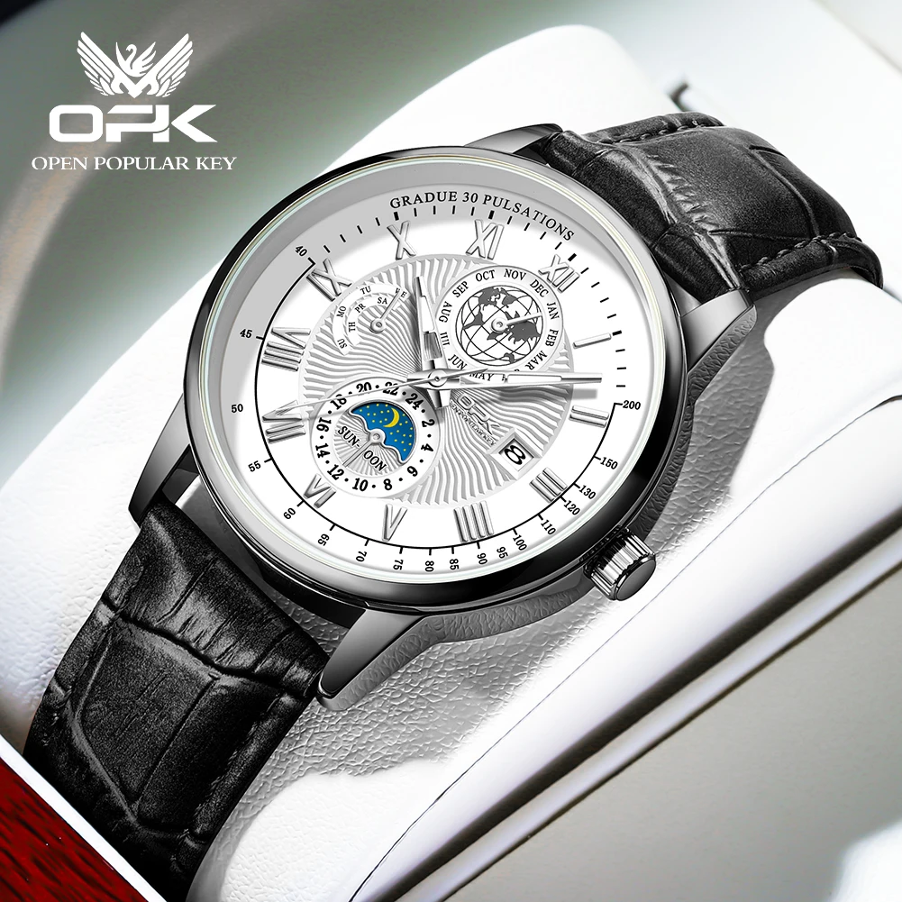 

Часы наручные OPK Мужские кварцевые, брендовые оригинальные водонепроницаемые светящиеся Роскошные с календарем и римским циферблатом, с кожаным ремешком