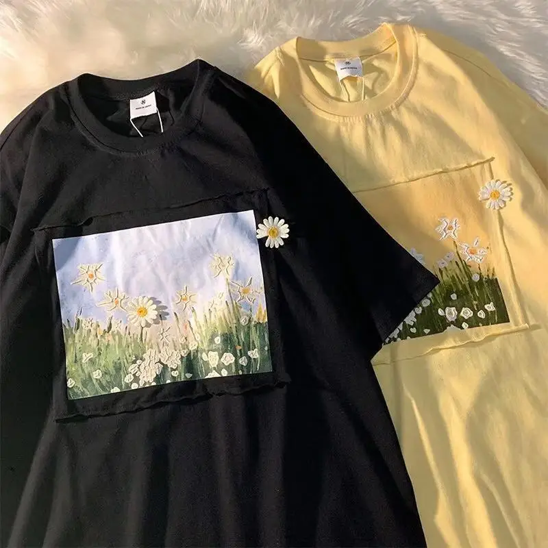 Футболка женская хлопковая с коротким рукавом и цветочным принтом желтая |