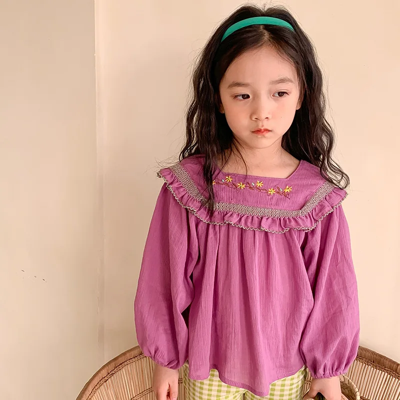 

Spring Kids Girl Shirts Purple Tops Toddler Embroidery Girls Blouses Infant Baby Long Sleeve Shirt Korean Children Kids Clothes