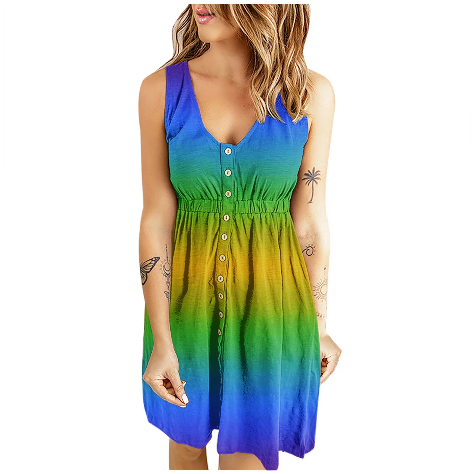 

Fashion Rainbow Gradient Jumpsuit Elegant Overalls Summer Women Sleeveless Romper Vintage Short Pants Lace-Up Wide Leg Pants2022
