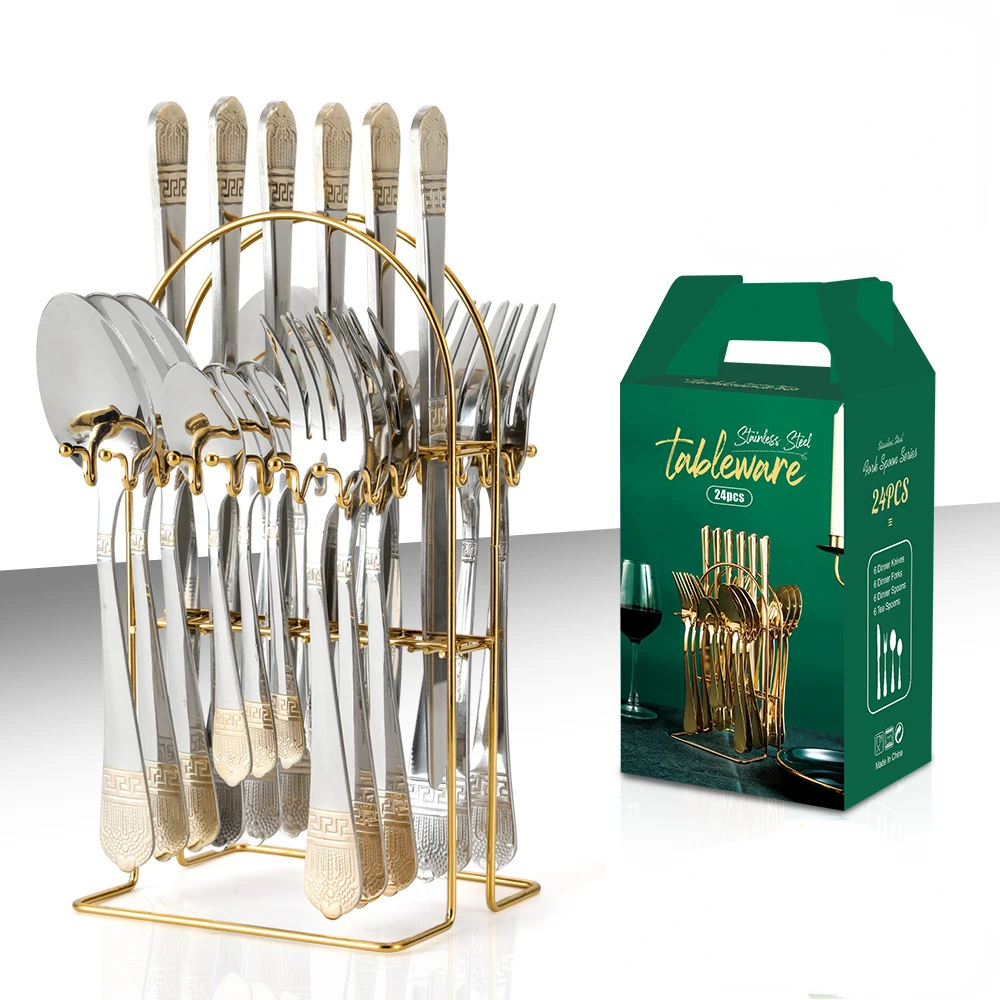

New Stainless Steel Western Tableware Knife, Fork, Spoon Gift Box Set Golden Crown Knife, Fork, Spoon Tableware 24 Piece Hanger