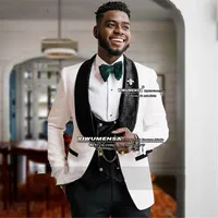 Handsome White Mens Suits Slim Fit Black Velvet Lapel Jacket+Vest+PantS Formal Wedding Tuxedo Custom Made Blazer Masculino 3Pcs