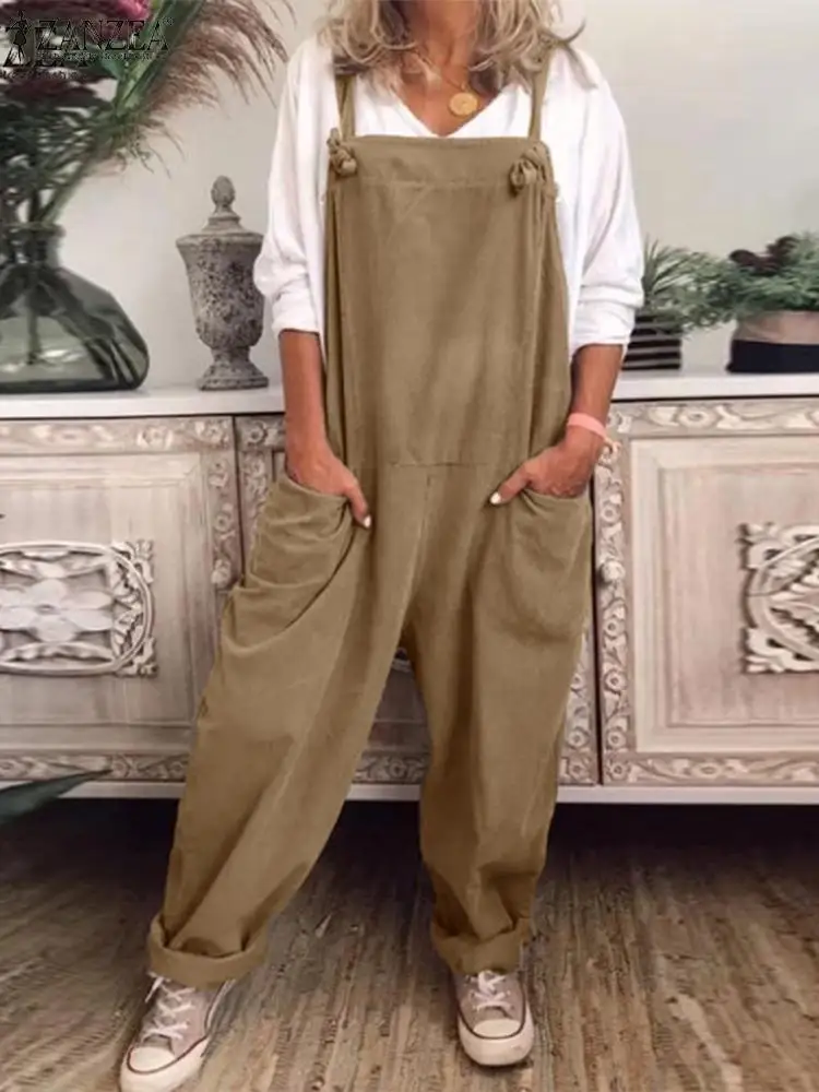 

2023 Women Dungarees Jumpsuits Vintage Suspender Summer Oversized ZANZEA Overalls Wide Leg Pants Female Solid Rompers Playsuit 1