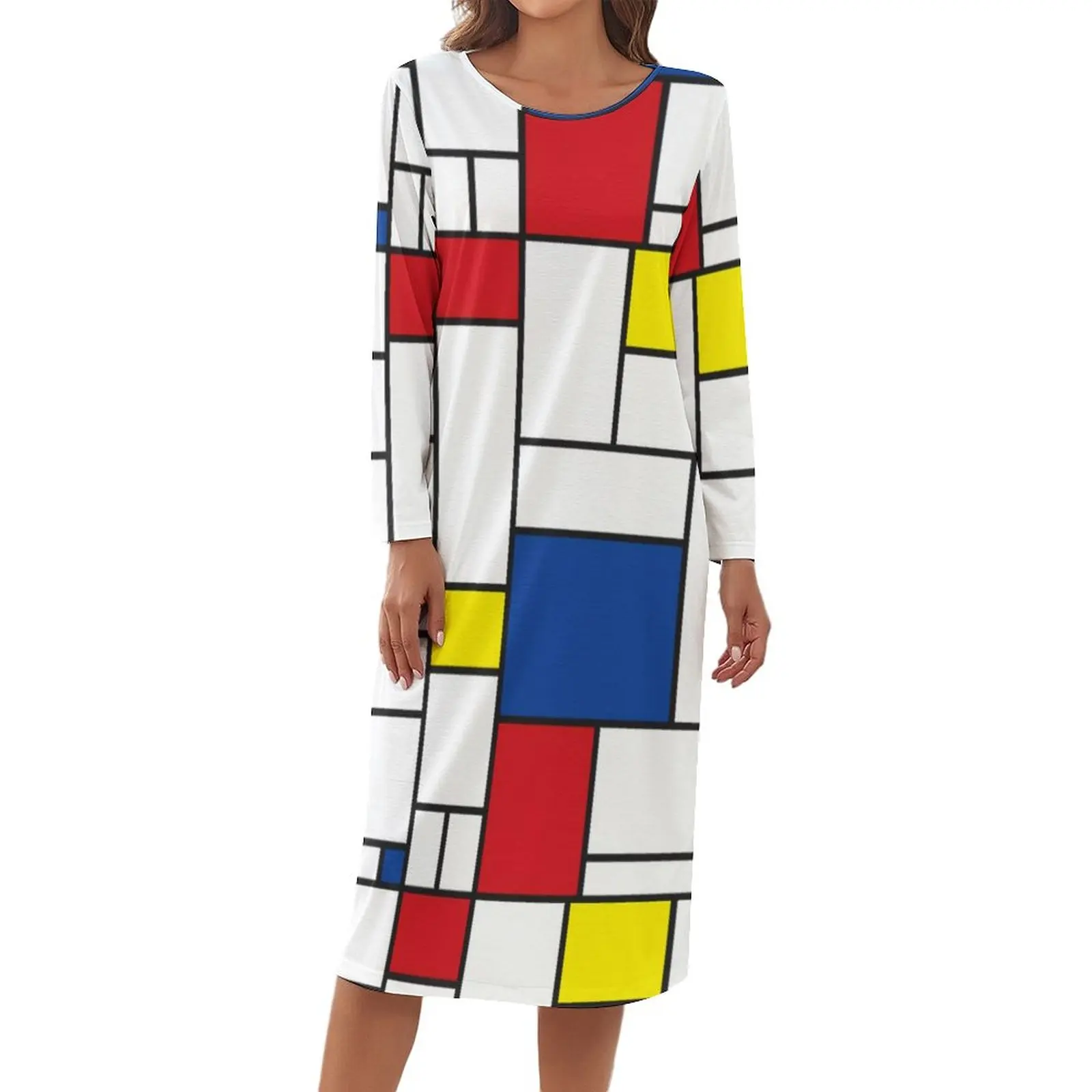 

Colorful Geometric Print Pajamas Modern Art Long-Sleeve Soft Dress Womens Aesthetic Sleepwear Autumn O Neck Print Pajama