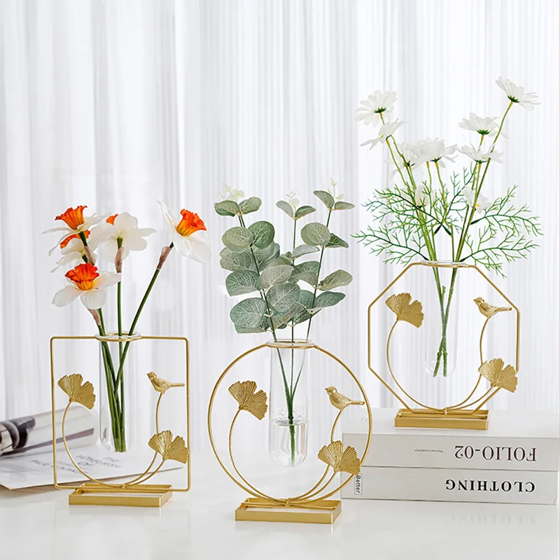 

Nordic Glass Vase Hydroponic Plant Holder Metal Line Flowers Ornament Flower Vase Tabletop Coffee Shop Office Home Decoration