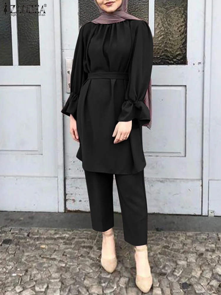 

ZANZEA Abayas Muslim Solid Color Women's Suit O-Neck Puff Sleeved Belted Lace-Up Blouse Female Stylish Elastic Loose Baggy Pant