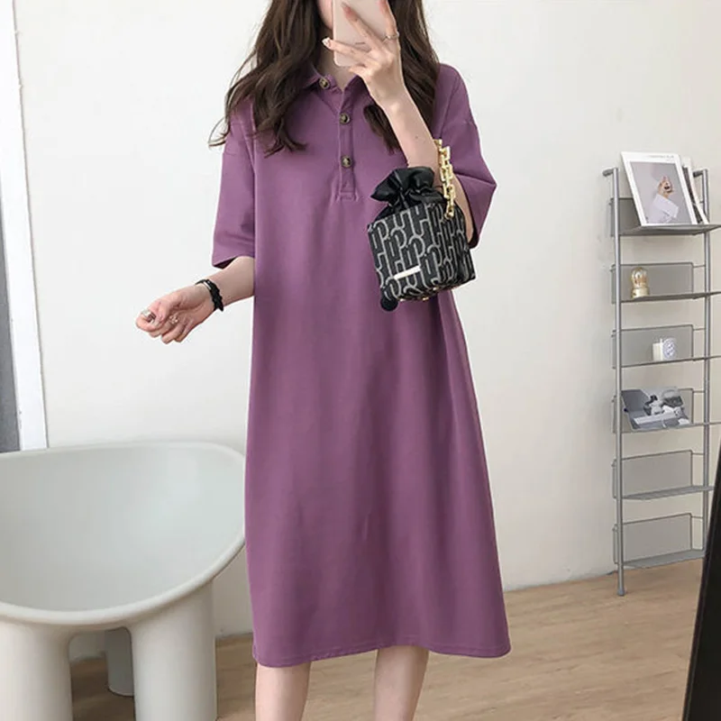 Модное однотонное свободное платье миди в Корейском стиле на пуговицах с