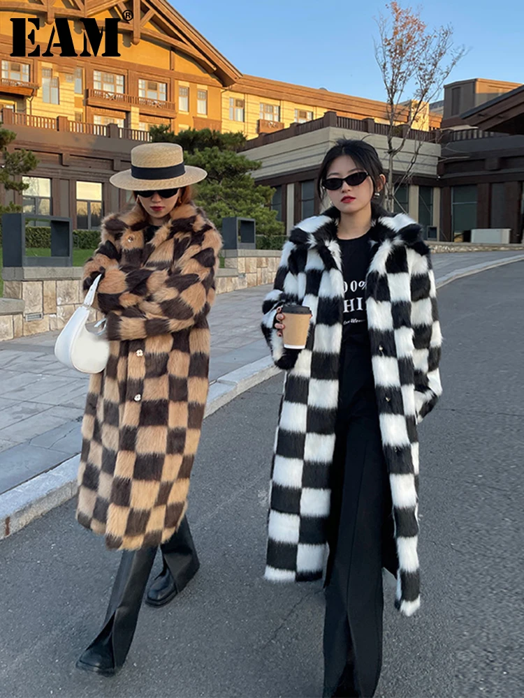 

[EAM] Loose Black Plaid Big Size Long Warm Faux Fur Jacket New Lapel Long Sleeve Women Coat Fashion Autumn Winter 2022 1DE4438