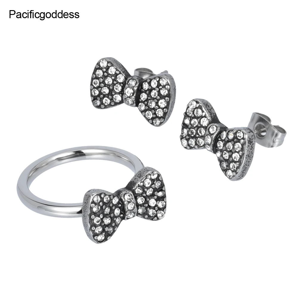 

bowknot stainless steel jewelry women earrings and ring set