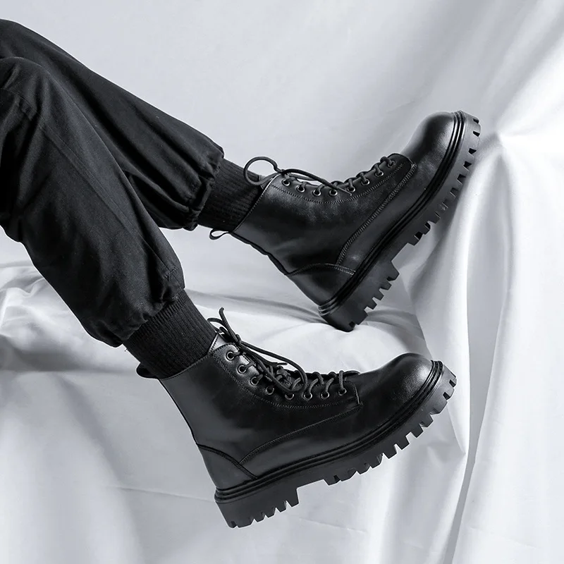 

Black Leather Men Boots Lace Up Platform Ankle Boots Street Style High Tops Casual Shoes Fashion Boots for Men