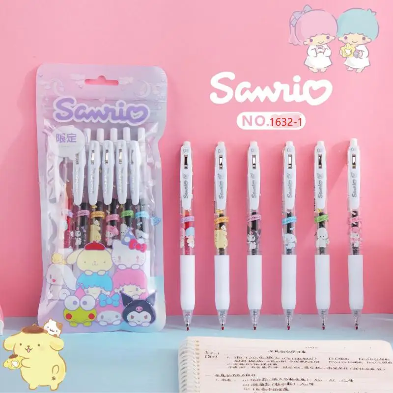 

6Pcs/set Sanrioed Kuromi My Melody Kitty Pom Cinnamoroll Gel Pen Anime Pen Black Ink 0.5mm Ballpoint Pens School Supplies