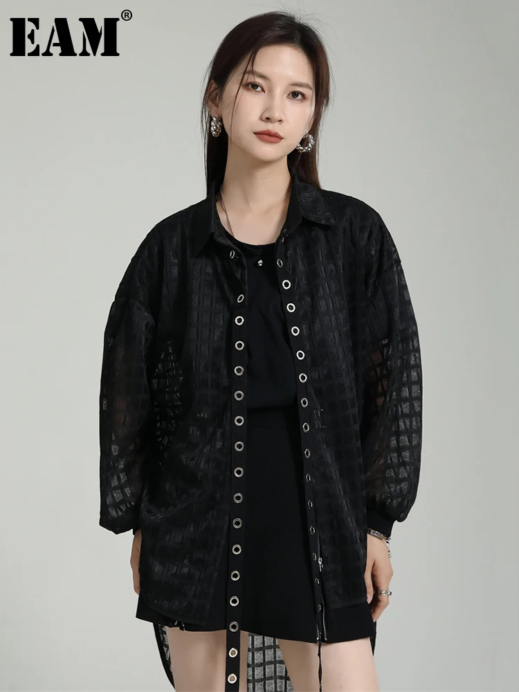 

[EAM] черная сетчатая куртка большого размера с лентами, Новое Женское пальто с v-образным вырезом и длинными рукавами, модная весенне-осенняя 2023 1DF7535