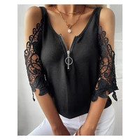 chicme women cold sleeve zipper front lace trim top spring summer blouse casual t shirts half sleeve oversized tee tops 2022