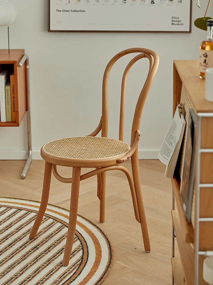 

Medieval solid wood rattan woven dining chairs, Japanese homestay backrest chairs, mesh red inset style, retro style