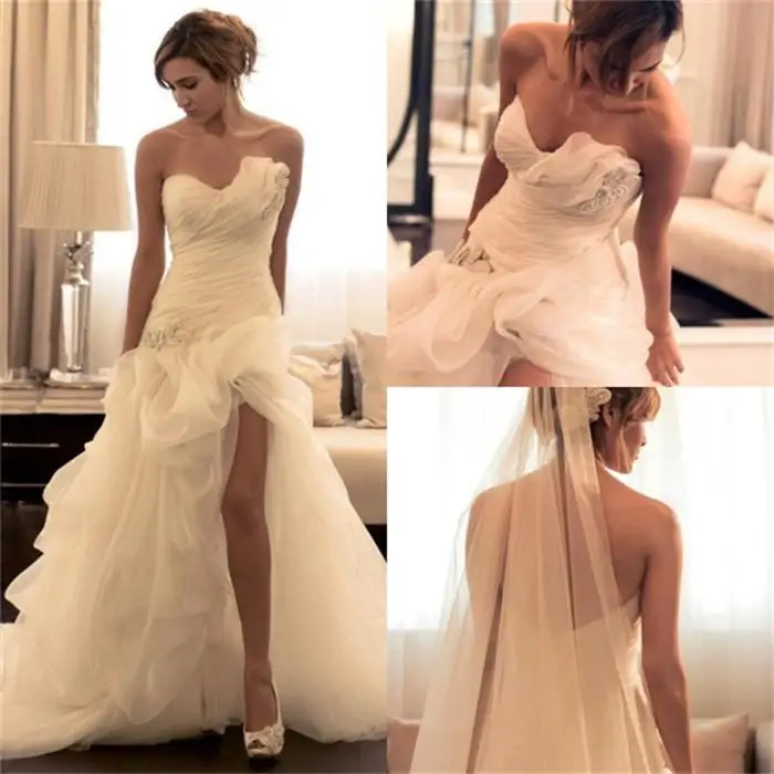 

Beach Boho Wedding Dresses Sexy High Split Sweetheart Ruffles Long Train Bridal Gowns 2022