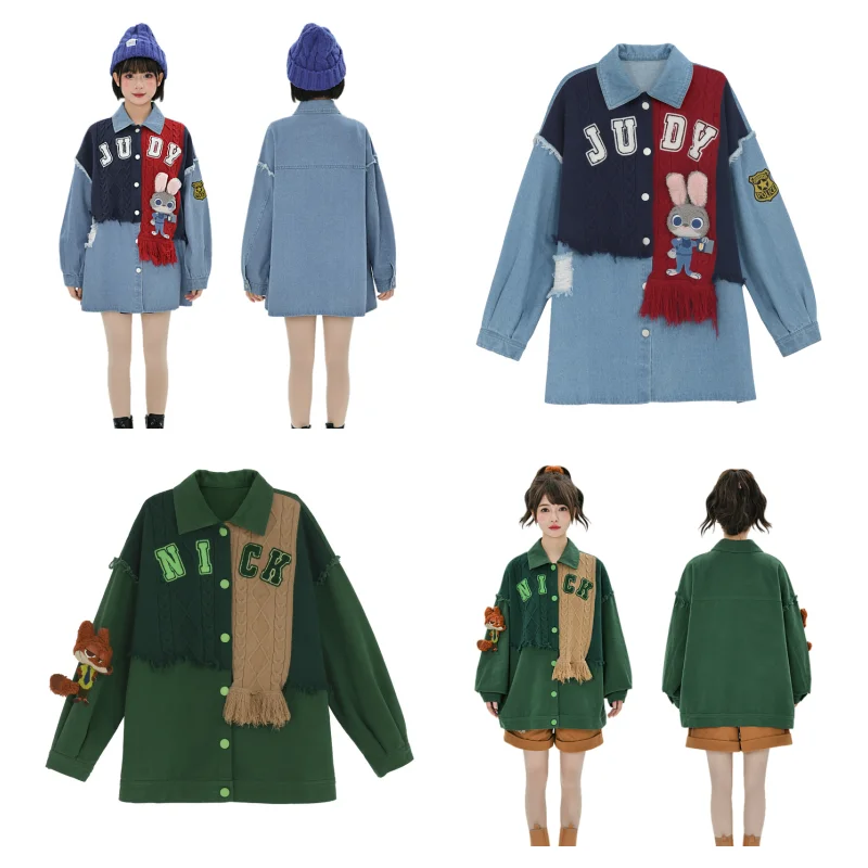 Disney Judy Nick Anime Cute Cartoon Denim Jacket Kawaii Spring Autumn Shirt Knitting Splicing Coat Couple Boudoir Honey Outfit