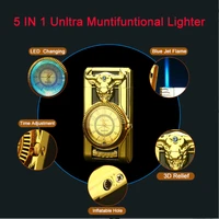 5 in 1 multifunctional windproof lighter with quartz clock and creative changing led colorful lights inflatable gas lighter