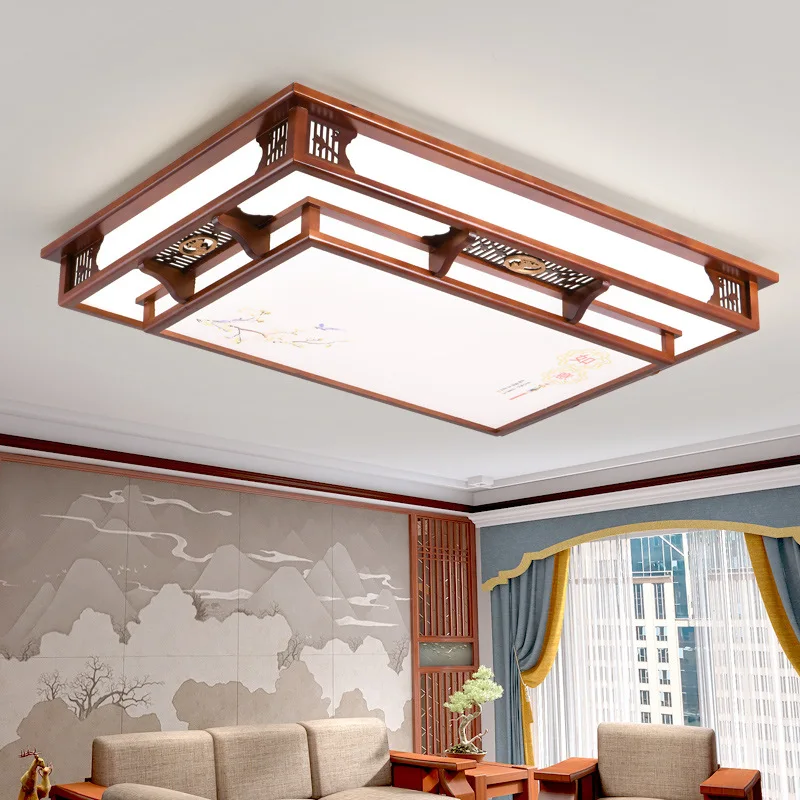 Chinese Style Lamp in the Living Room Ceiling Lamp Led Rectangular Lobby Light Chinese Style Antique Solid Wood Bedroom Lamp