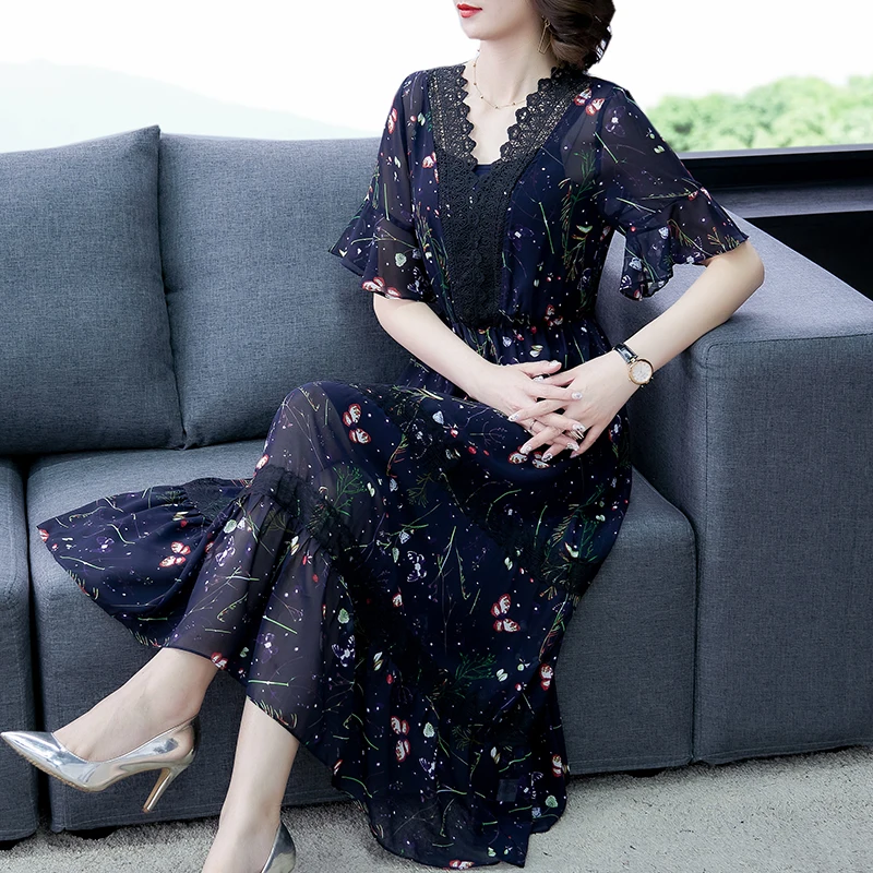 

Женское шифоновое платье-миди с V-образным вырезом, голубое винтажное облегающее платье из двух частей с цветочным принтом в стиле бохо, лето 2023