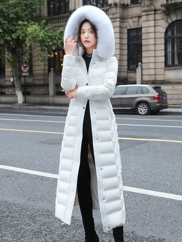New Women Wash Free Glossy Surface Down Coat Winter Fashion Hooded Genuine Fox Fur Collar Thicken Warm Down Jacket Ankle-Length