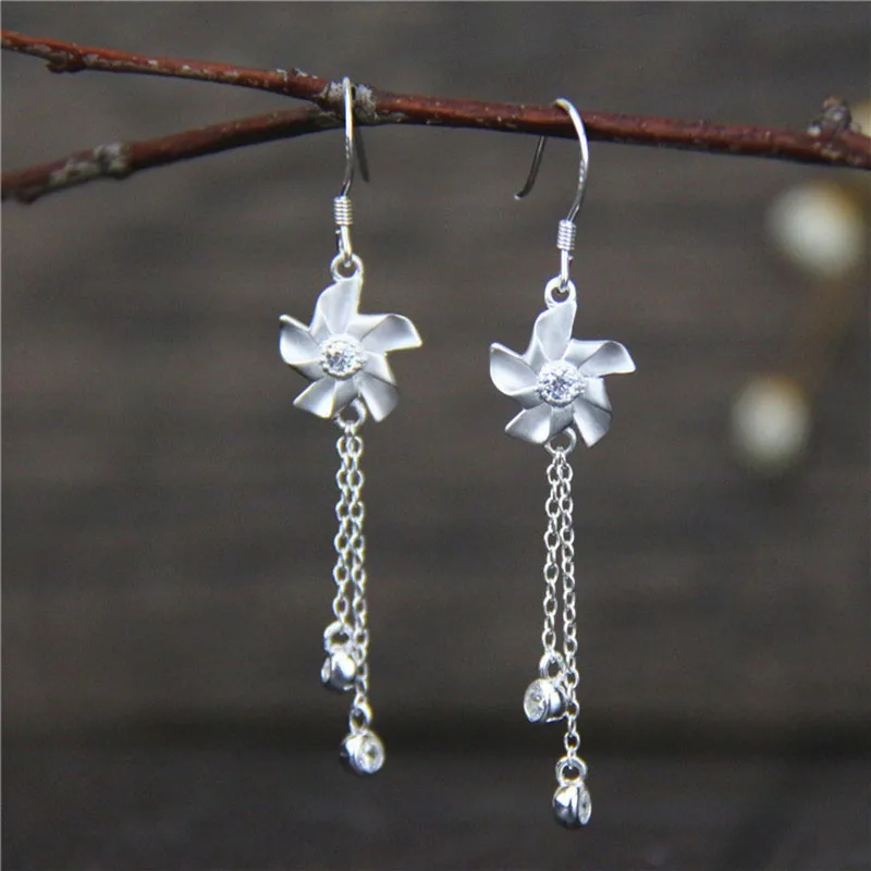 

Real S925 Sterling Silver National Wind Element Silver Small Fresh Windmill Tassel Earrings MeiBaPJ Exquisite Party Jewelry
