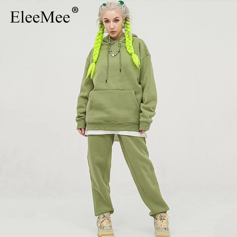 

EleeMee Winter Hoodies For Female Hooded Sweater And Pants Loose Thick Warm Fleece Solid Color 2022 New Fashion Sets Size S-2Xl