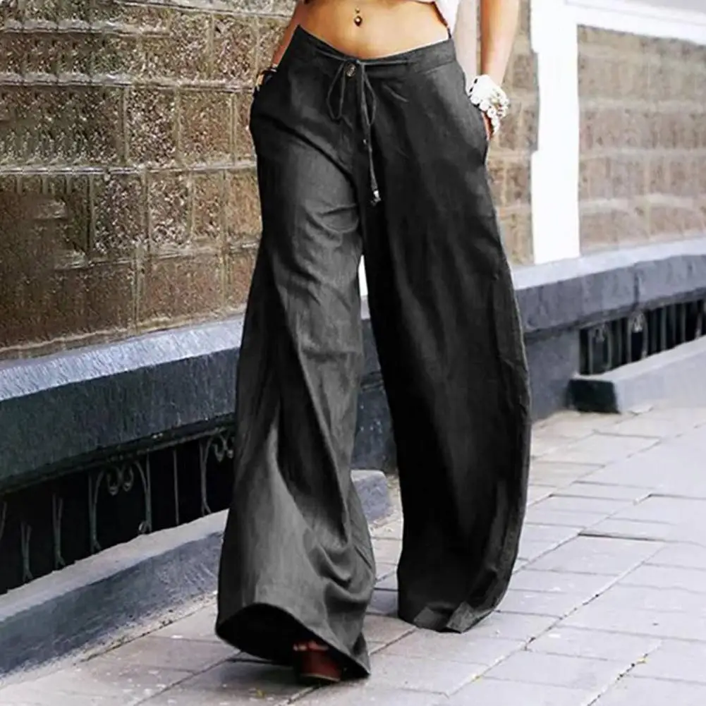 

Women Trousers Patch Pockets Wide Leg Pants Drawstring Long Trousers Women Loose Straight Pants